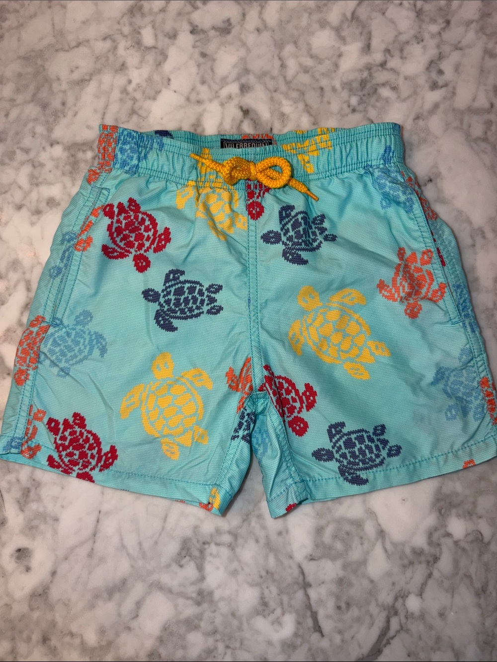 Vilebrequin Aqua Turtle Print Swim Shorts with Yellow Drawstring 8Y